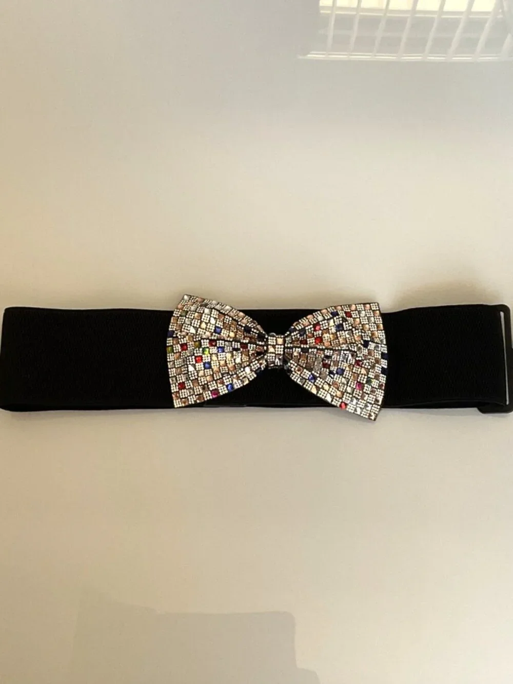 NWT Y2K Glam Multicolor Rhinestone Bow Elastic Waist Belt Black M/L Party